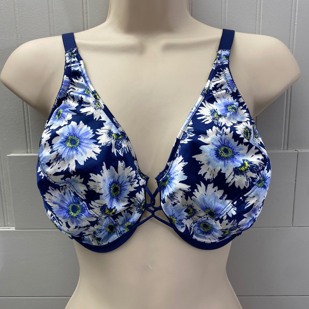 Vtg Vanity Fair My Satin Fantasy Daisy Floral Underwire Bra sz 36D Blue Strappy